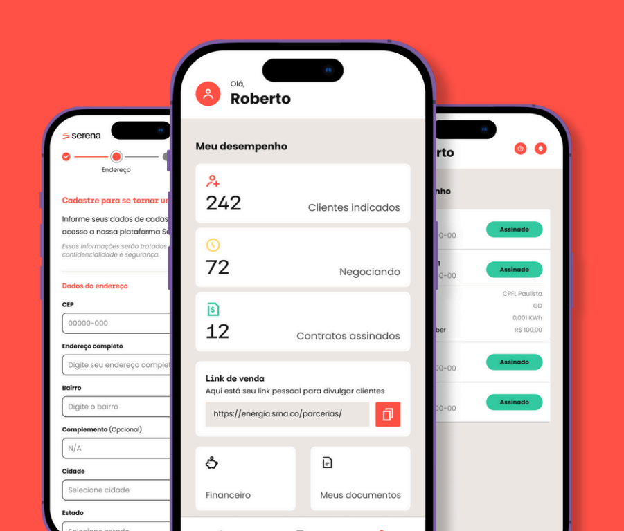 Com a Serena você tem: área exclusiva para gerenciar seus ganhos, kit de vendas para prospecção de clientes, comissão escalonada, treinamentos e trilhas de conhecimento e time de especialistas sempre disponível