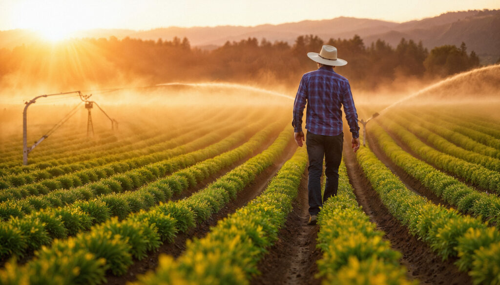 Agricultor de chapéu caminha entre fileiras de plantação ao pôr do sol, com irrigação por aspersores ao fundo e montanhas no horizonte.